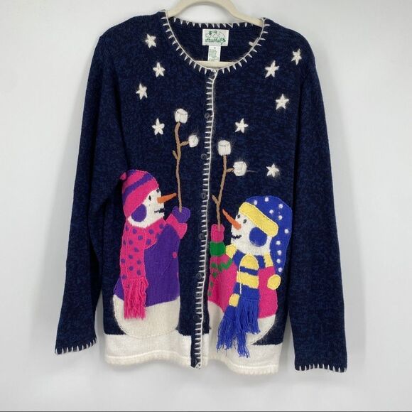 Quacker Factory Sweaters - Quacker Factory Snowman Cardigan holiday sweater winter snow blue tassel medium